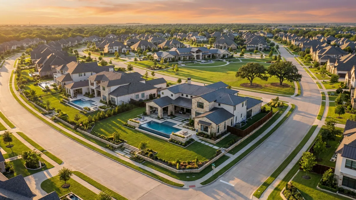 Cinematic aerial view of an upscale Allen neighborhood at golden hour, showcasing manicured lawns and custom architecture with long shadows. Contemporary estate homes with clean lines, stone facades, and infinity pools catch the warm sunlight. 16:9 aspect ratio, 8K resolution with crisp detail on landscaping and high-end exterior finishes.