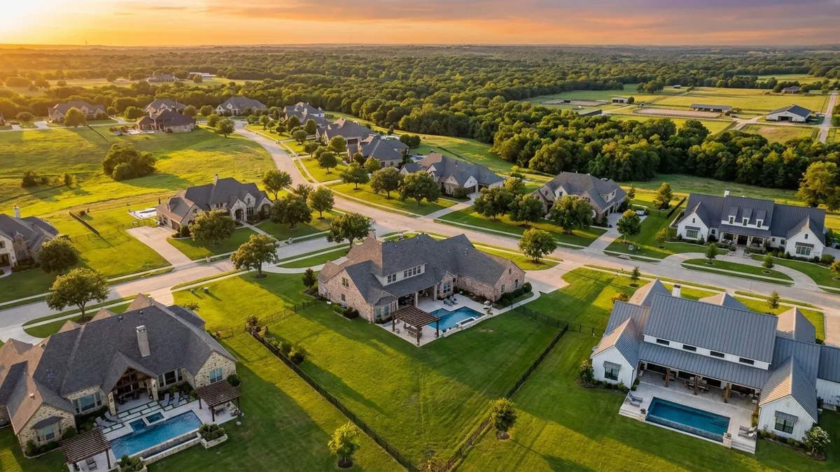 Cinematic aerial view of Argyle TX at golden hour, capturing expansive luxury properties with large lots in Harvest community, 16:9 aspect ratio, hyper-detailed 8k resolution showing manicured lawns, custom home architecture, and the semi-rural transition to wooded areas, warm evening light casting long shadows across estates with a sense of serene exclusivity