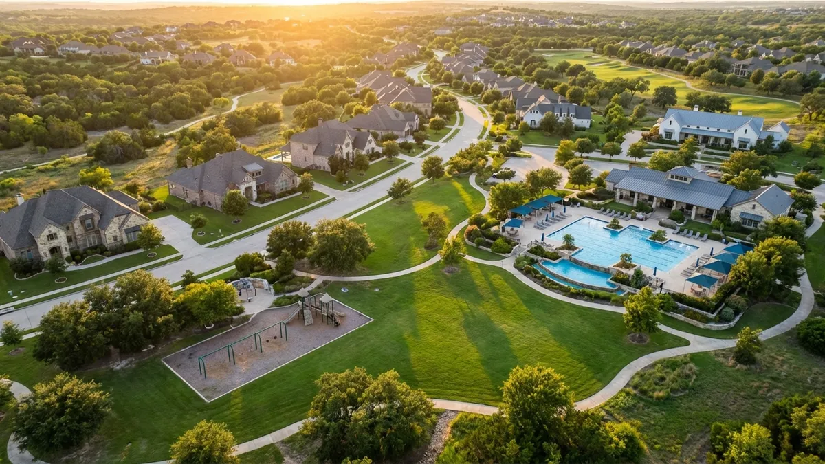 Cinematic aerial view of a Texas master-planned community at golden hour, showcasing winding tree-lined streets, a sparkling resort-style pool complex, and kids playing on lush green lawns. 16:9 aspect ratio, hyper-detailed 8k resolution with warm sunlight casting long shadows across manicured landscaping and hiking trails.