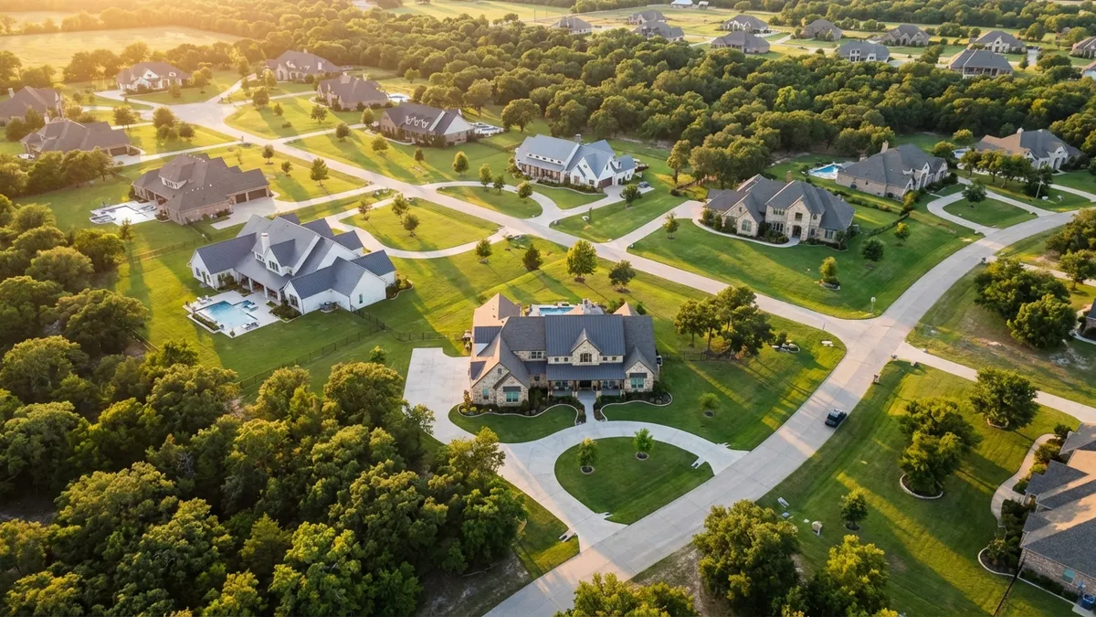 Golden hour aerial view of sprawling Lucas, TX estates showcasing manicured lawns and tree-lined streets. Warm late-afternoon sunlight highlights large custom homes with circular driveways and backyard pools, surrounded by native Texas oak trees. Ultra-wide 16:9 composition captures the contrast between rural serenity and upscale suburban architecture in cinematic 8K detail.