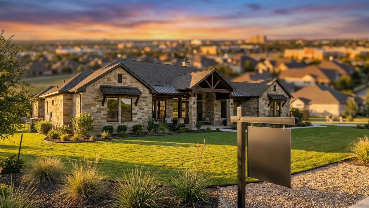 Cinematic wide shot of a modern Texas ranch-style home at golden hour, Schertz cityscape in background, professional real estate sign planted in manicured front yard, DSLR photography with shallow depth of field highlighting the home's stone facade and contemporary landscaping
