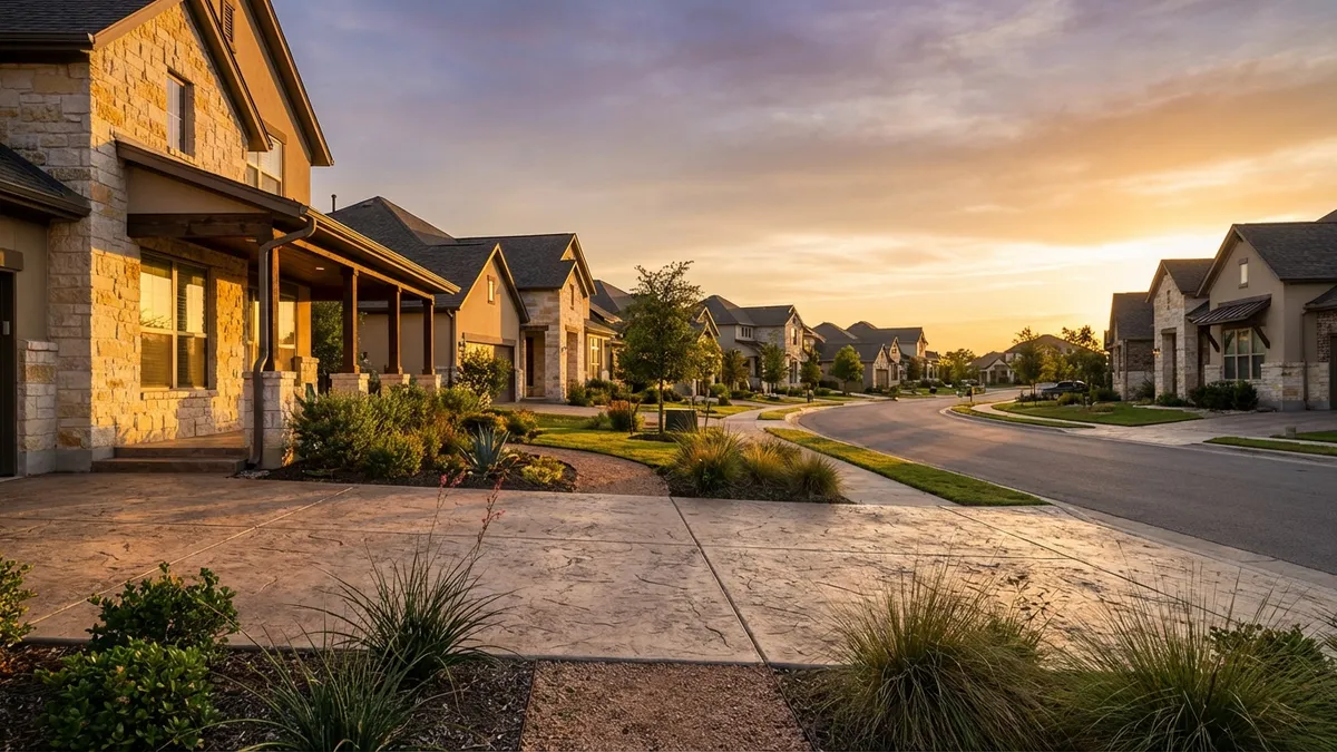 Cinematic wide shot of a Cedar Park neighborhood at golden hour, featuring modern Texas-style homes with stone facades and manicured xeriscaping. Low-angle perspective showing textured concrete driveways and drought-resistant landscaping in sharp focus, with warm sidelight emphasizing architectural details. 16:9 aspect ratio, ultra-HDR 8k rendering with precise shadow detailing on porch overhangs and brick textures.