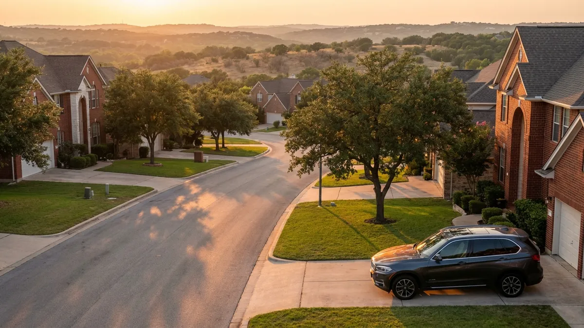 Warm golden hour light casting long shadows across a modern Cedar Park subdivision, with neat rows of red brick homes featuring crisp white trim, manicured lawns, and mature oak trees framing the scene. A gray BMW X5 is parked in a driveway, reflecting the late afternoon sun on its hood. In the distance, the Texas hill country landscape blurs into soft focus. Cinematic wide shot at 24mm, hyperrealistic 8K detail showing individual leaves on trees and texture in brickwork.