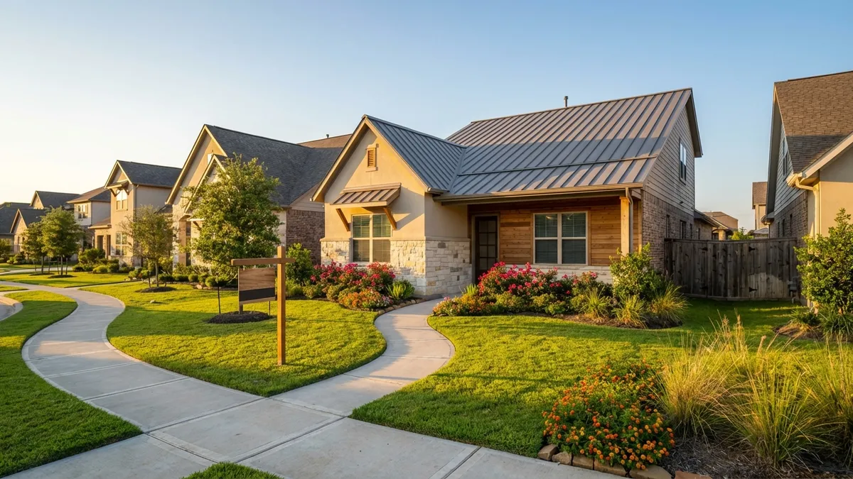 Cinematic wide shot of modern Houston suburban homes at golden hour, 16:9 aspect ratio, highly detailed 8k resolution. Warm sunlight casting long shadows across manicured lawns. Focus on a well-maintained starter home with fresh exterior paint and blooming landscaping. Sidewalk leading to front door with 'sold' sign planted at perfect diagonal angle. Clean composition with shallow depth of field highlighting architectural details.