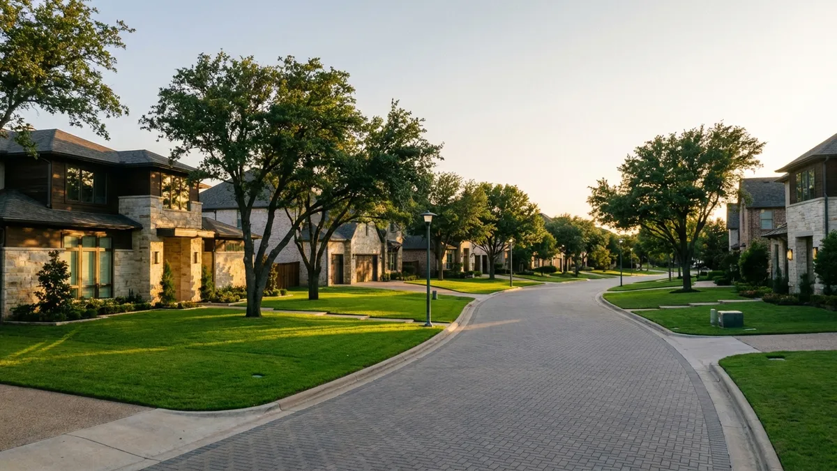 Modern Frisco TX suburban neighborhood at dusk, cinematic lighting highlighting upscale homes with manicured lawns. 8k resolution, wide-angle composition showing tree-lined streets and contemporary architecture. Warm golden hour glow with crisp shadows, professional real estate photography style with balanced exposure.
