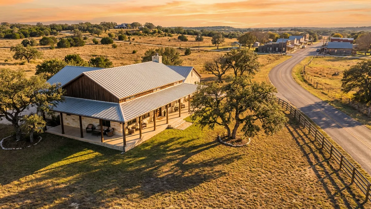 Golden hour sunlight illuminating rolling Texas Hill Country terrain, modern ranch-style home with wide front porch in foreground, mature oak trees casting long shadows, winding country road leading toward small-town main street visible in distance, 16:9 cinematic composition with warm earthy tones and crisp detail