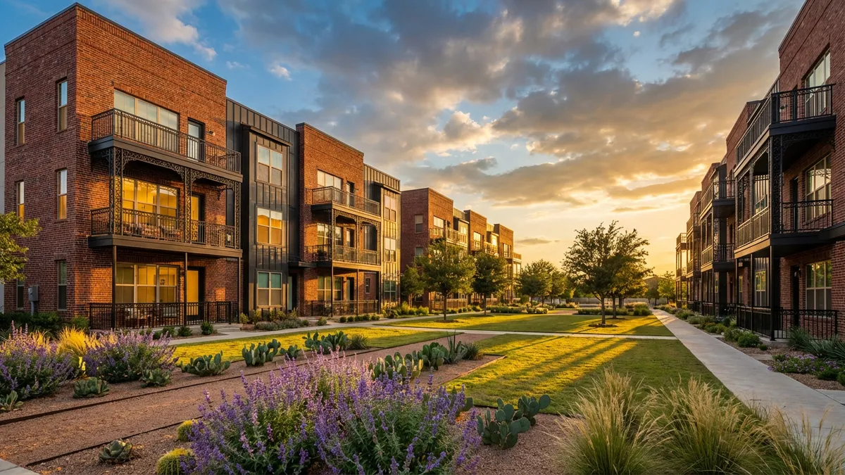Cinematic wide shot of a modern Pflugerville townhome community at golden hour, showcasing red brick facades with black wrought-iron balconies. 16:9 aspect ratio, ultra-detailed 8K rendering with crisp shadows from setting sun. Foreground features manicured xeriscaped lawns with native Texas sage plants. Composition emphasizes clean architectural lines and communal green space.