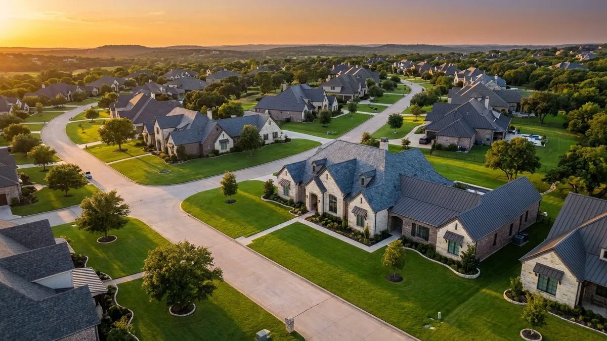 Golden hour aerial view of upscale Hudson Oaks neighborhood, showcasing manicured lawns and custom estate homes with stone accents. Warm sunset lighting highlights architectural details of luxury properties, with long shadows stretching across wide residential streets. 16:9 aspect ratio, ultra HD resolution capturing the refined textures of brick, stone, and slate roofing materials in the Texas Hill Country style.