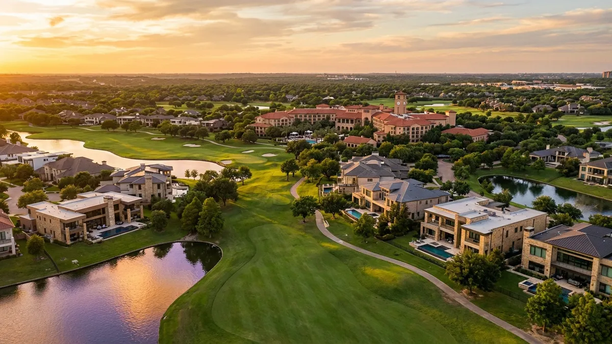 Cinematic aerial view of Las Colinas at golden hour, showcasing manicured golf courses winding through luxury homes with contemporary architecture. 16:9 aspect ratio, ultra HD 8k resolution capturing reflective water features and the Four Seasons Resort in the distance. Warm sunset lighting accentuates stone facades and lush landscaping.