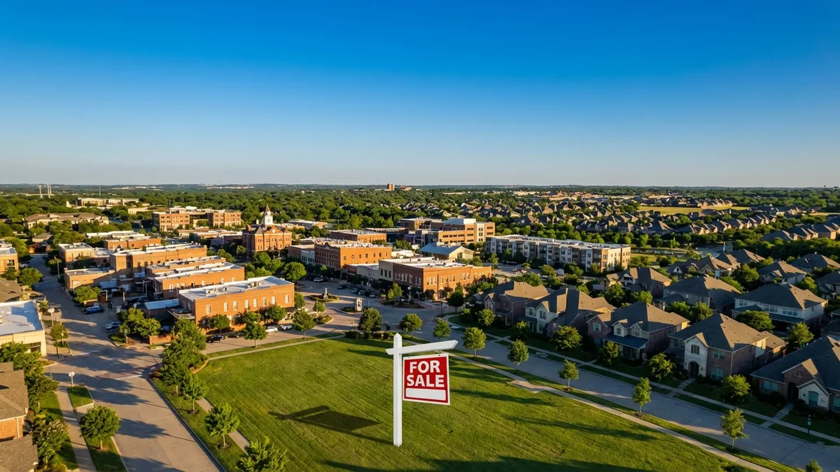 A photorealistic aerial view of McKinney, Texas, showcasing its blend of historic downtown charm and modern master-planned communities, with a 'For Sale' sign prominently featured in the foreground under a clear blue sky.