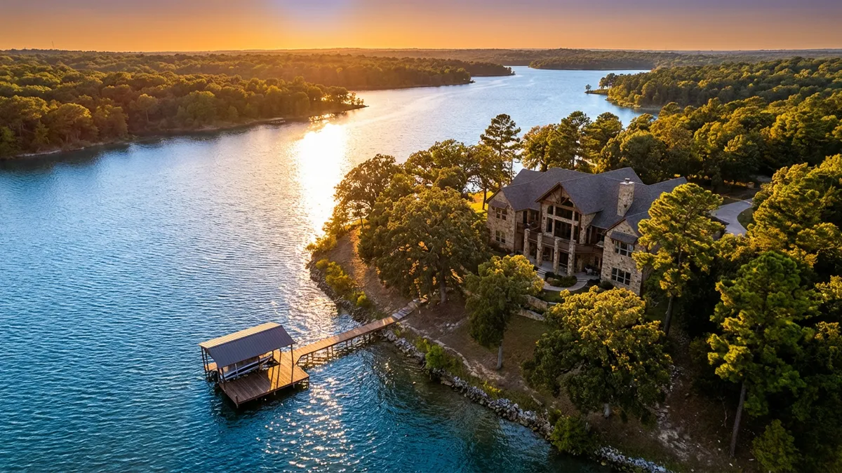 Cinematic aerial drone view of Lake Bridgeport at golden hour, capturing crystalline blue water meeting forested shoreline. Sun glints off rippling surface near a private dock extending from a stone-accented luxury home. Mature oak trees frame the composition with warm sidelighting highlighting textured bark. 16:9 aspect ratio, hyper-detailed 8k resolution showcasing individual pine needles and water refraction patterns.