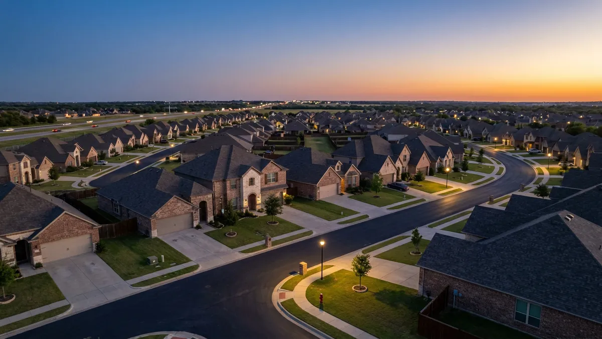 Dusk aerial view over Lavon TX showing suburban neighborhood streets with medium-density housing, twilight sky transitioning from deep blue to orange horizon, modern homes with manicured lawns and two-car garages, asphalt roads winding through the development, soft glow from streetlights beginning to illuminate the scene, shot from 800 feet altitude with cinematic 16:9 framing. Light traffic visible on Highway 78 in distance. No people visible, focus on residential textures – roof shingles, brick facades, driveway concrete.