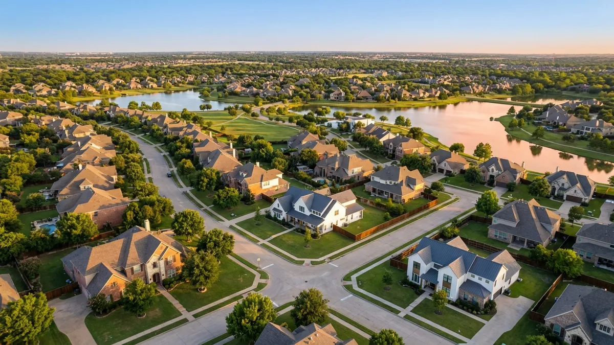Aerial view of Lewisville residential neighborhoods at golden hour, showcasing tree-lined streets with a mix of traditional and modern suburban homes. Warm afternoon sunlight casts long shadows across manicured lawns, with clear blue skies reflecting in community lakes. 16:9 aspect ratio, ultra HD 8k resolution, sharp focus on architectural details and lush landscaping.