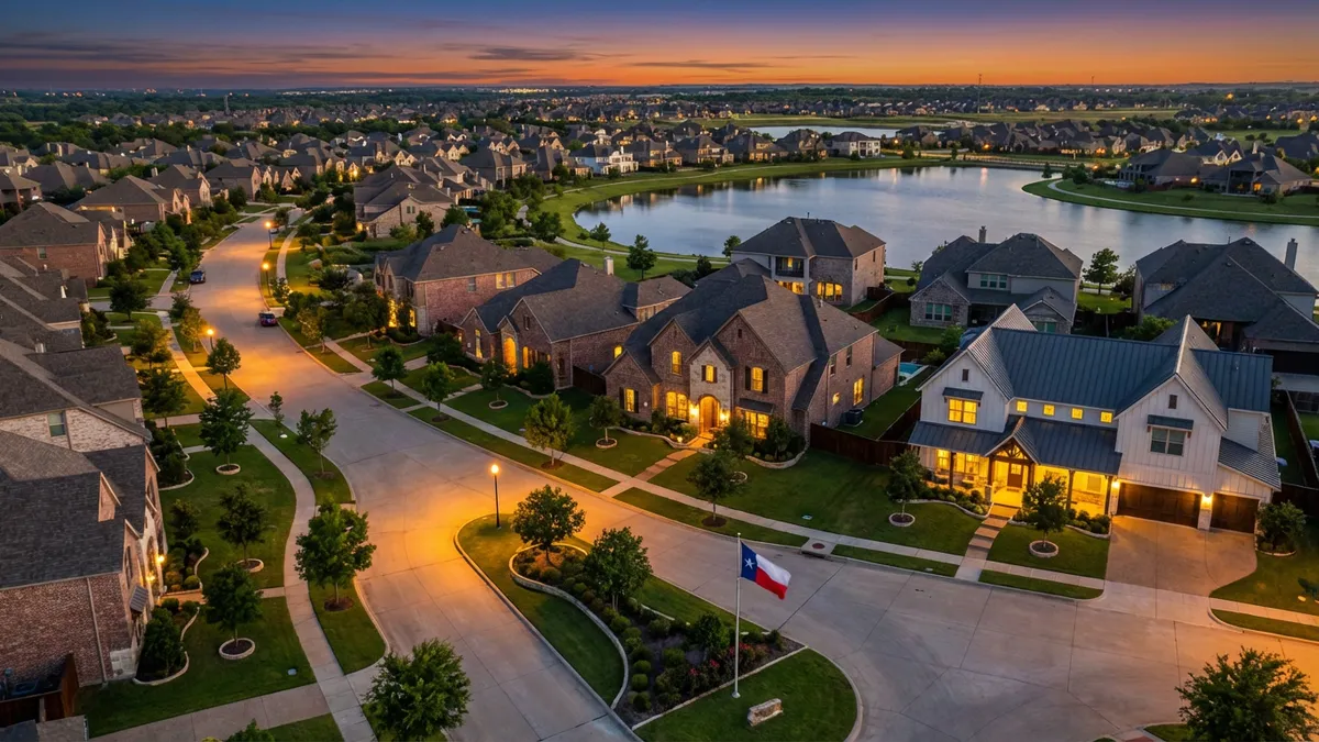 Aerial view of Little Elm neighborhood at dusk showing mix of traditional and modern homes, warm interior lights glowing through windows, tree-lined streets with manicured lawns, community lake reflecting sunset colors, perspective slightly elevated showcasing density and proximity to amenities, cinematic warmth with rich textures of brick and stone facades, 16:9 aspect ratio, 8K resolution, Texas flag subtly visible in foreground.