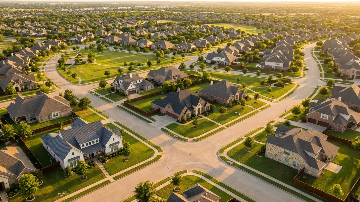 Aerial view of suburban Mesquite neighborhood at golden hour, showing tree-lined streets with single-family homes of varying architectural styles. Warm sunset light casting long shadows across manicured lawns and winding residential roads. 16:9 aspect ratio, highly detailed 8k resolution with crisp focus on housing density and community layout.
