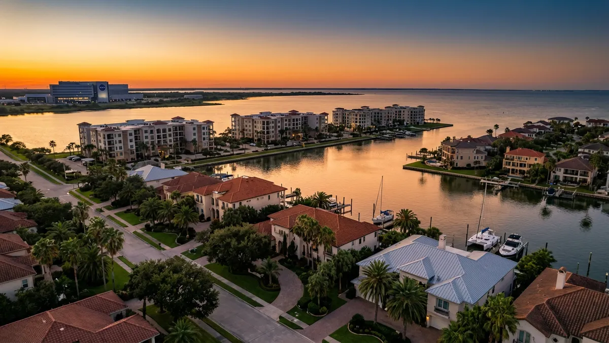 Cinematic aerial view of Nassau Bay waterfront properties at golden hour, showcasing a mix of modern apartments and coastal single-family homes with lush landscaping, NASA signage visible in distance, 16:9 aspect ratio, hyper-detailed 8k resolution with warm sunlight reflecting off Galveston Bay waters.