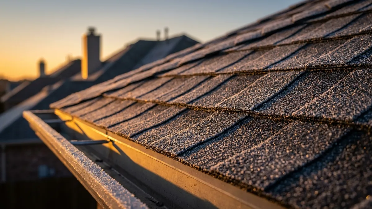 Close-up of architectural shingles with frost crystals at dawn, golden winter sunlight highlighting textured surfaces, shallow depth of field focusing on ice-dam vulnerable edge details, North Texas suburban rooftops in blurred background, cinematic 16:9 composition