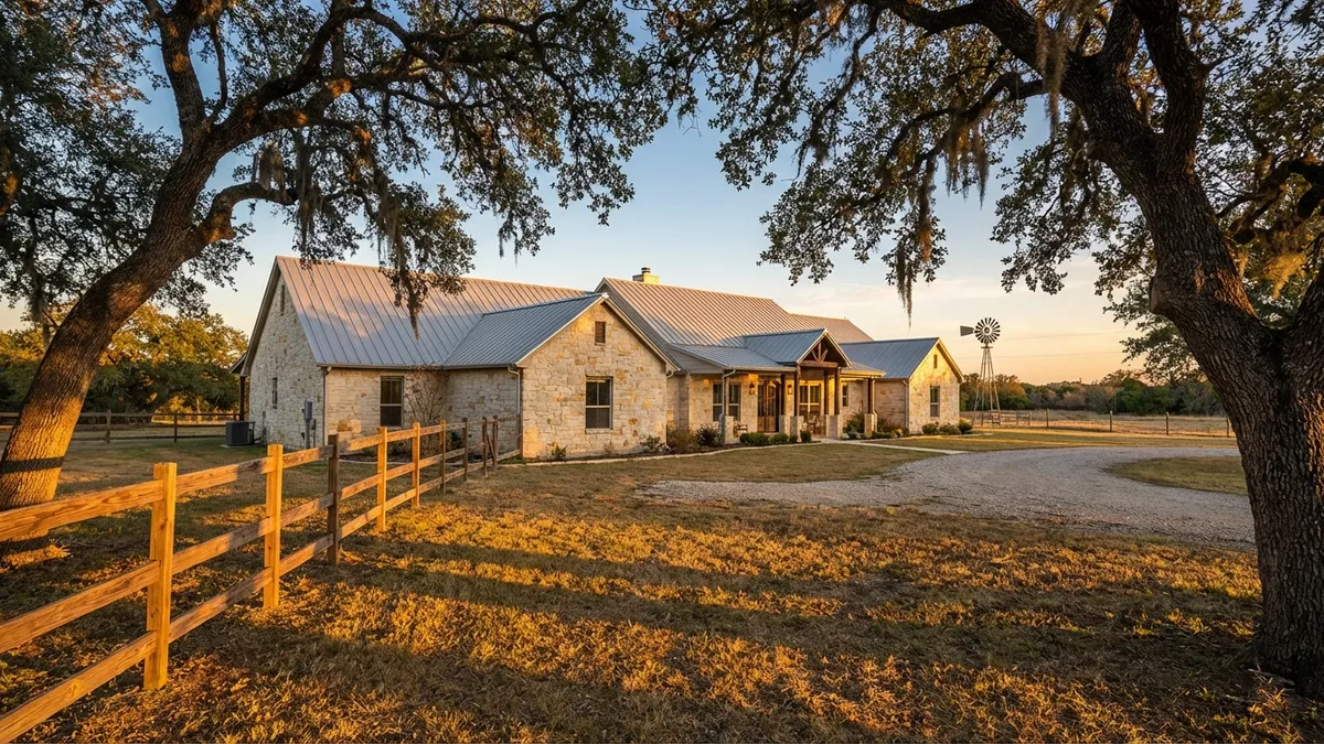Golden hour landscape view of rural Texas countryside with mature oak trees framing a classic ranch-style home. Long shadow effects from low-angle sunlight highlighting textured limestone exterior and metal roof details. 16:9 aspect ratio, hyper-realistic 8K resolution with depth of field emphasizing the property's spacious lot and rustic fencing.