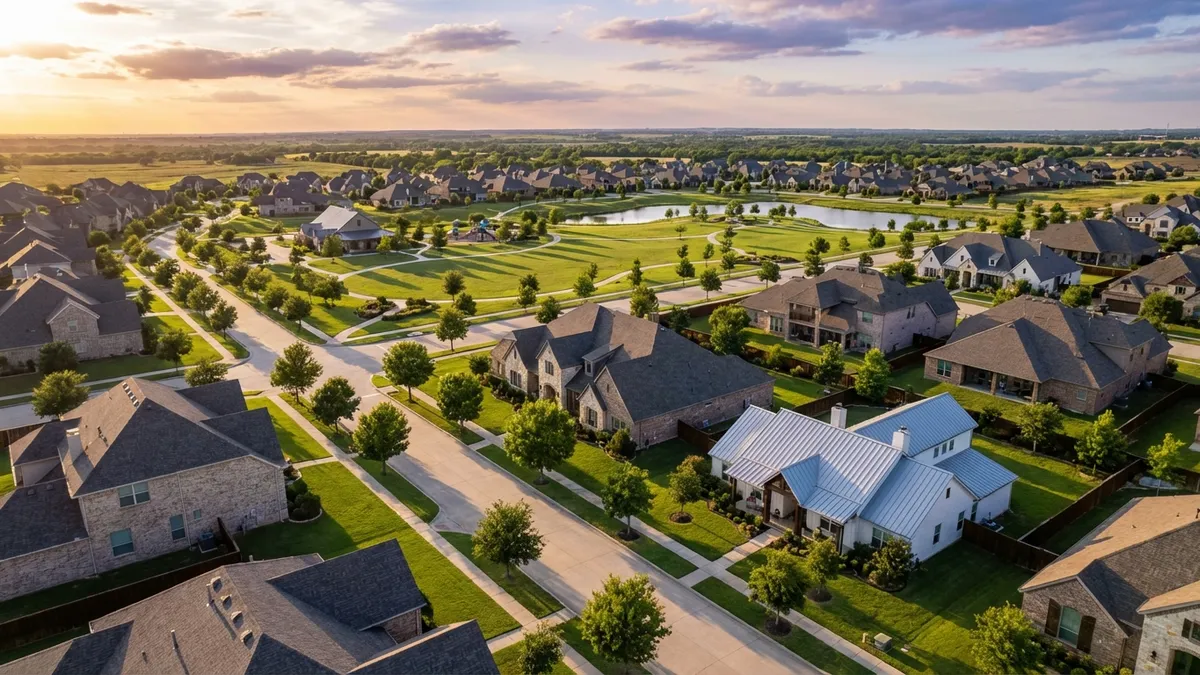 Aerial view of Princeton, Texas suburban neighborhood at golden hour, showcasing tree-lined streets with a mix of traditional and modern homes. Warm sunlight casts long shadows across manicured lawns, with a community park visible in the midground. The composition emphasizes the peaceful residential character with clean architectural lines and varied roof textures under a partly cloudy Texas sky.