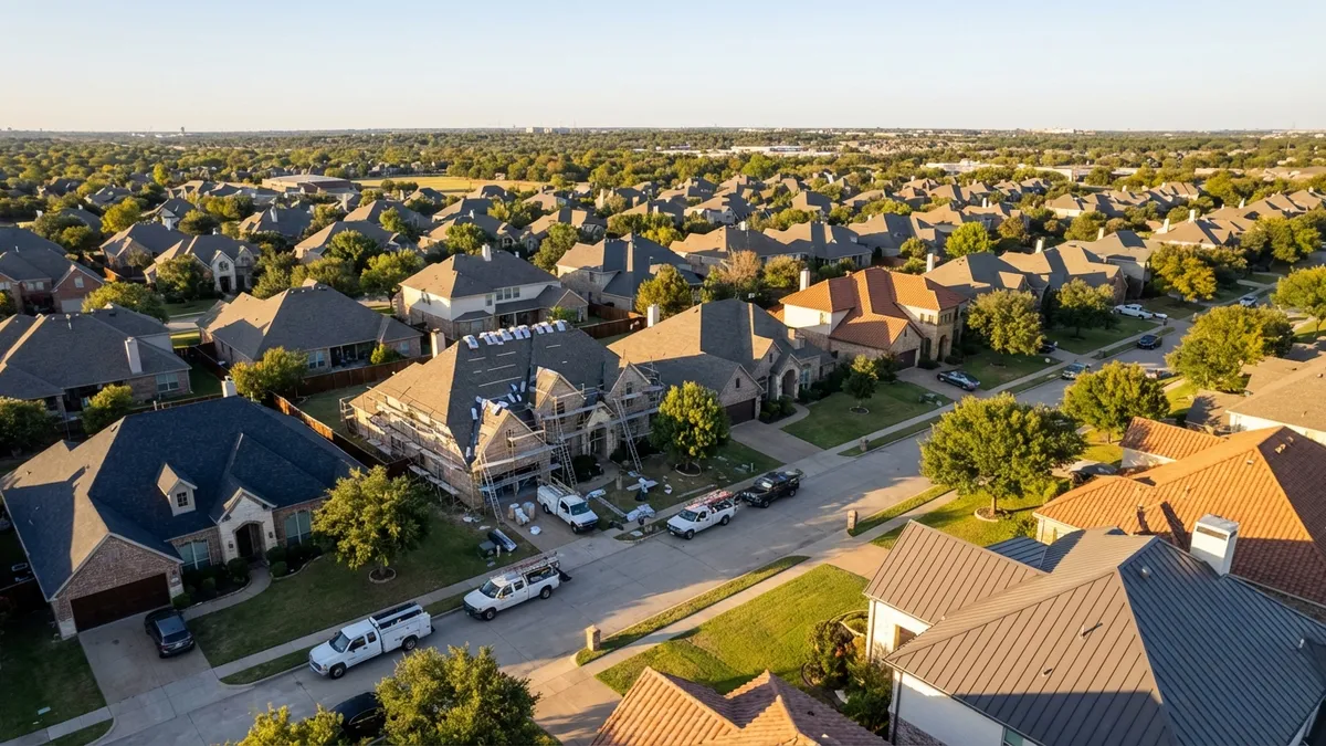 Aerial view of Richardson TX suburban neighborhood at golden hour, focusing on varied roof types with crisp architectural details. Composition highlights one home with visible roof repair work in progress - scaffolding, materials, and contractor vehicles present. Shot with 16:9 aspect ratio, 8K resolution showing texture of shingles and workmanship details under clear Texas skies.