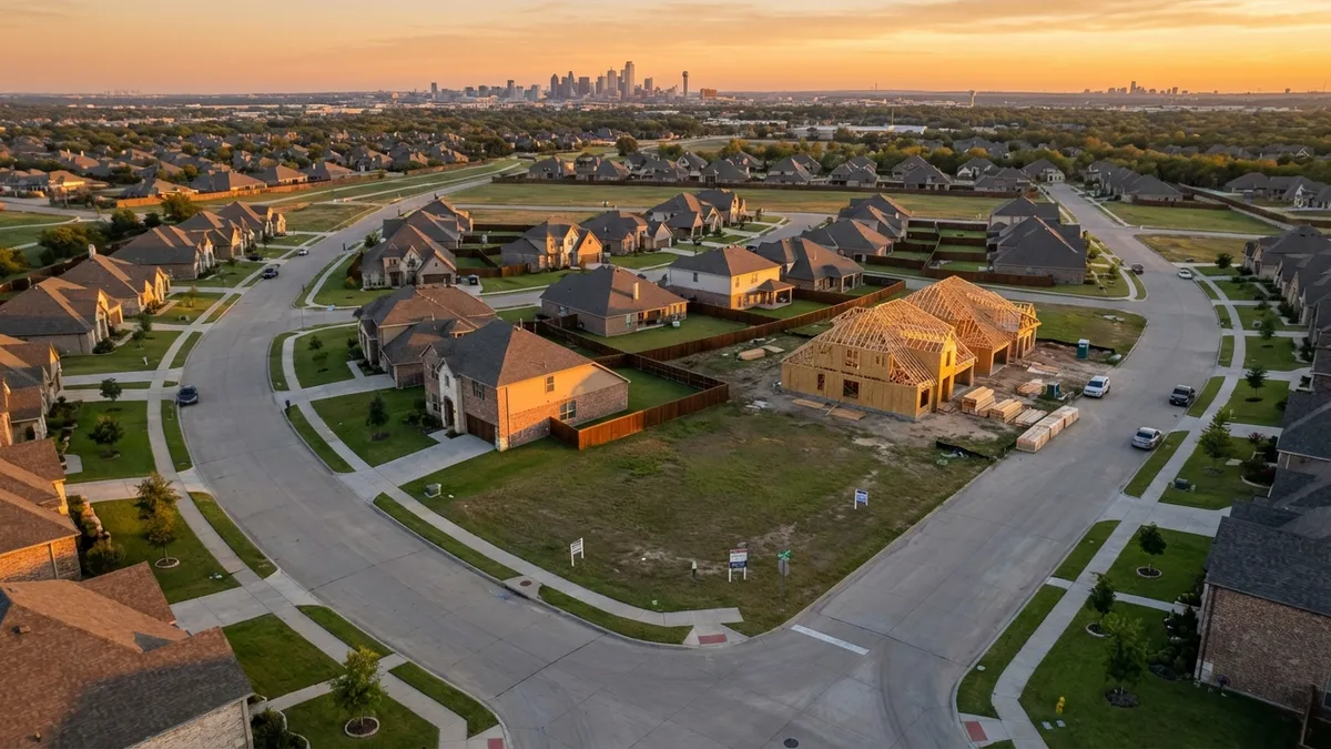 Golden hour aerial view of suburban Royse City neighborhoods with winding streets, manicured lawns, and scattered construction sites of half-built homes. Cinematic 16:9 frame showing orange sunset reflecting off vinyl siding and brick facades, with distant Dallas skyline on horizon. Ultra HD 8k detail captures realistic textures of fresh asphalt, stacked lumber at build sites, and 'For Sale' signs swaying in gentle breeze.