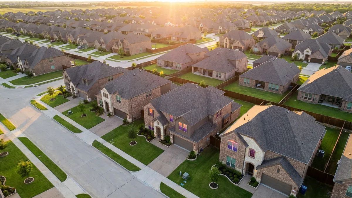 Aerial view of suburban Lavon neighborhood at golden hour, showcasing manicured lawns and brick homes with warm sunset reflections on windows. 16:9 aspect ratio, ultra HD resolution with crisp details of roof shingles and foundation lines. Subtle lens flare from low sun angle highlighting property boundaries.