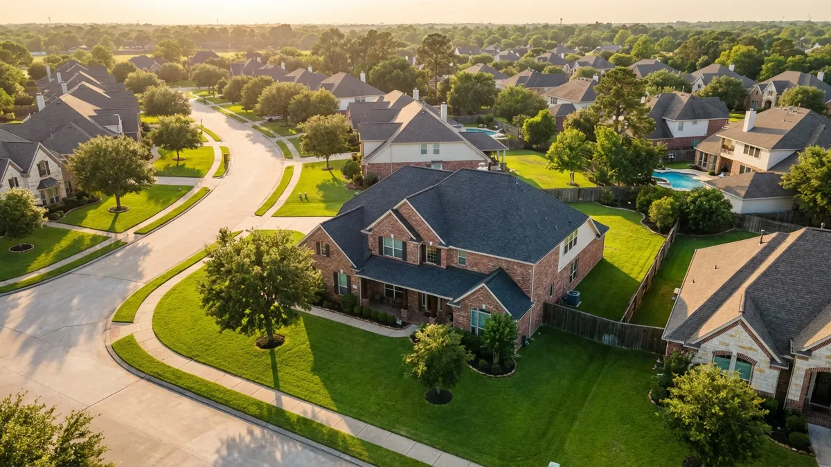 Aerial view of suburban La Porte neighborhood at golden hour, showcasing well-maintained single-family homes with manicured lawns. Warm sunlight casts long shadows across paved streets, with mature trees framing the composition. The camera focuses on a classic Texas-style home with a front porch, slightly elevated perspective showing roof condition and property boundaries clearly.