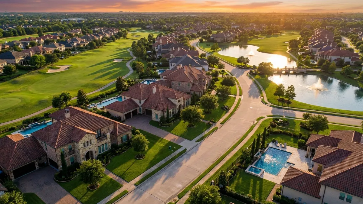 Golden hour aerial view of Sugar Land's Telfair community, showcasing manicured golf course fairways winding through luxury homes with sparkling pools. 16:9 aspect ratio, 8K resolution, crisp shadows highlighting Mediterranean-style architecture, warm Texas sunset reflecting in water features. No people visible, focus on pristine landscaping and upscale amenities.