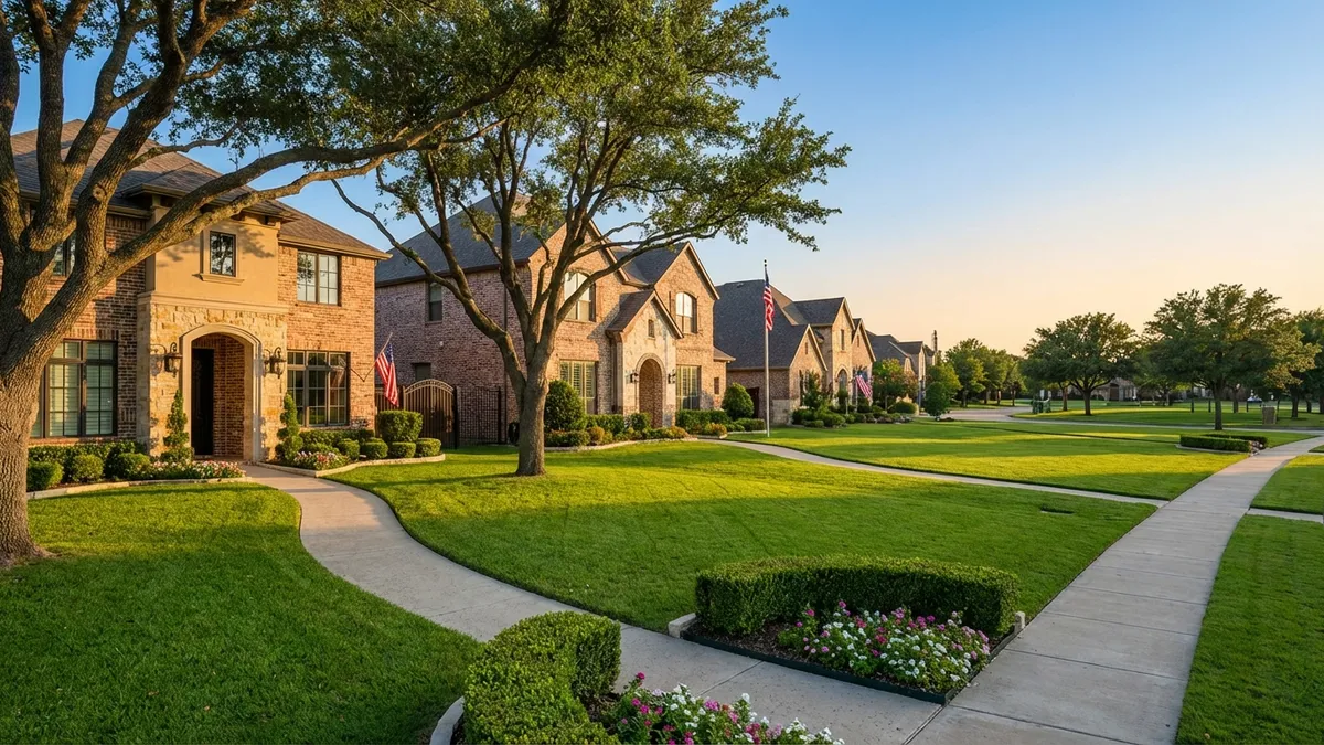 Luxury suburban homes in Sunnyvale TX at golden hour, manicured Kentucky bluegrass lawns, mature live oak trees casting long shadows, brick-and-stone exteriors with wrought iron details, wide sidewalks leading to grand entryways, professional landscaping with seasonal flowers, American flags waving gently, neighborhood park visible in distance
