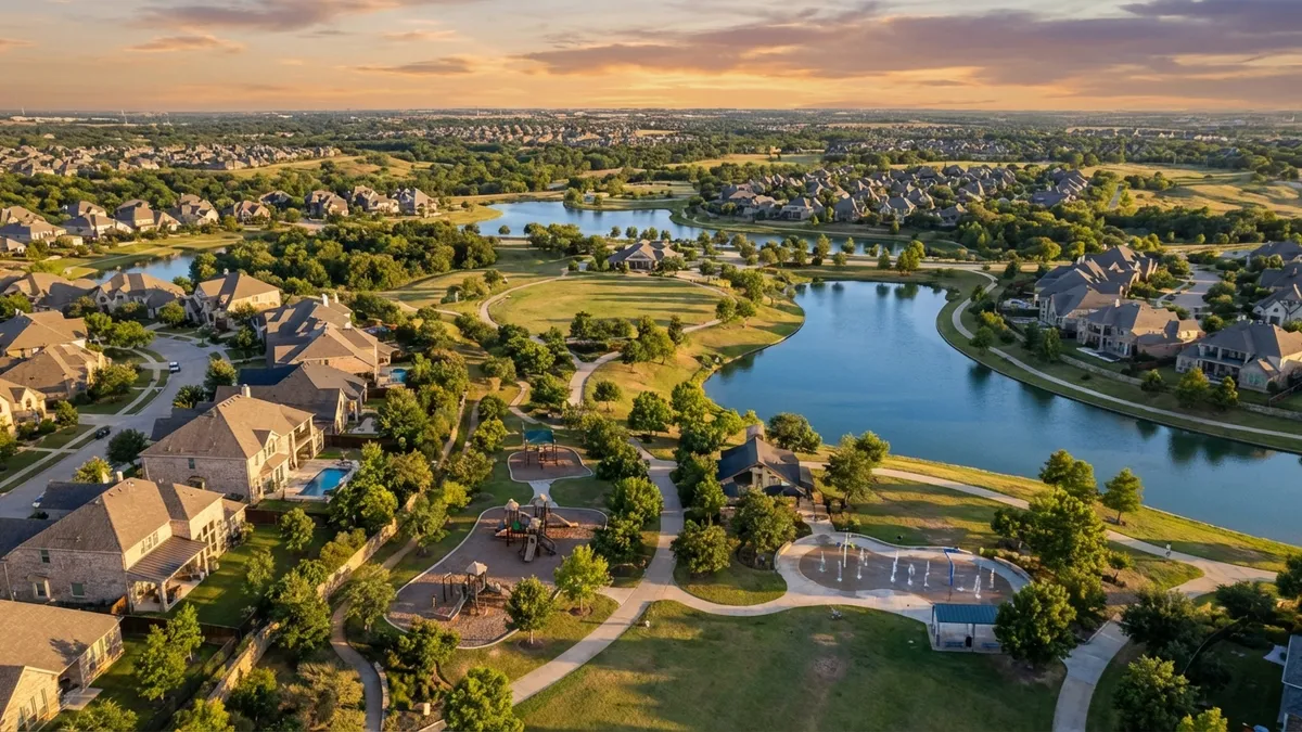 Cinematic aerial view of Frisco, Texas, showcasing lush green parks, modern residential neighborhoods, and winding trails under golden hour lighting. The camera captures the vibrant community life with families enjoying playgrounds, joggers on trails, and children playing in splash pads. The scene is framed with a 16:9 aspect ratio, highlighting the seamless integration of urban and natural elements in high detail 8k resolution.