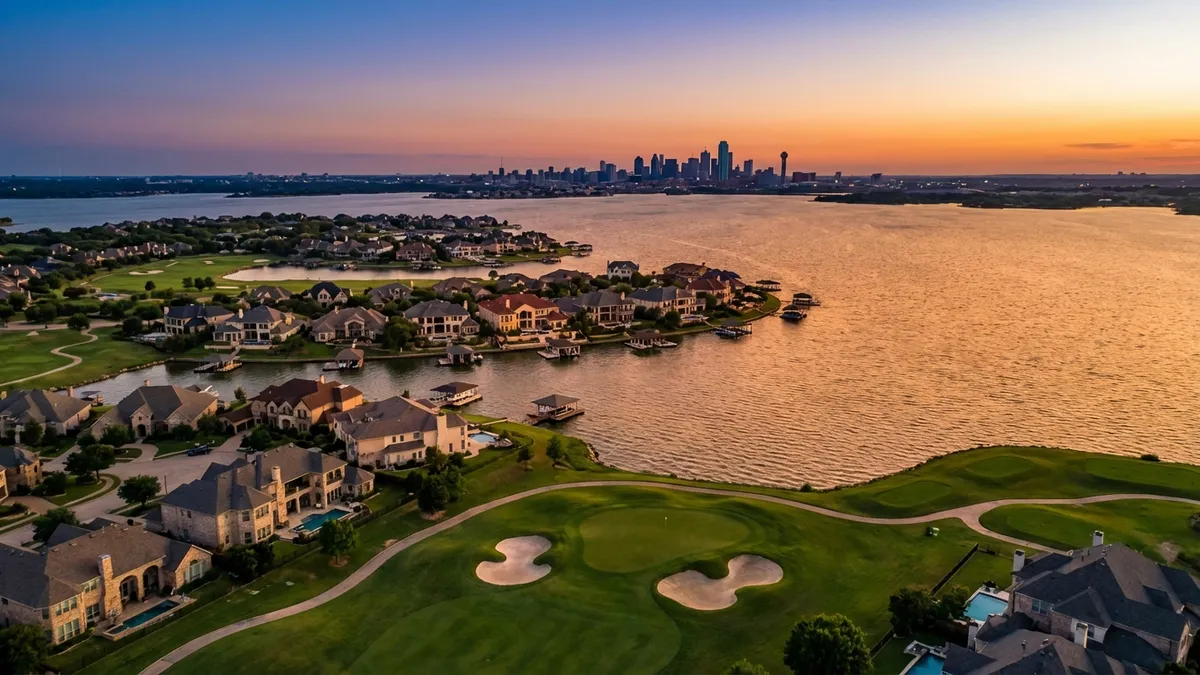 Aerial view of Lewisville Lake at golden hour, showcasing Stewart Peninsula's waterfront homes with private docks. In foreground: luxury golf course with emerald fairways winding through Tribute community. Background: Dallas skyline silhouette. Cinematic lighting, 16:9 aspect ratio, ultra HD 8k detail showing textured water surfaces and architectural details of lakeside estates.