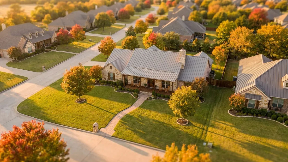 Golden hour aerial view of Willow Park suburban neighborhood, showcasing tree-lined streets with mixed traditional and modern ranch-style homes. Crisp autumn foliage frames the scene, with long shadows stretching across manicured lawns. Professional real estate photography with warm tones, shallow depth of field focusing on a characteristic Willow Park home with stone accents and front porch.