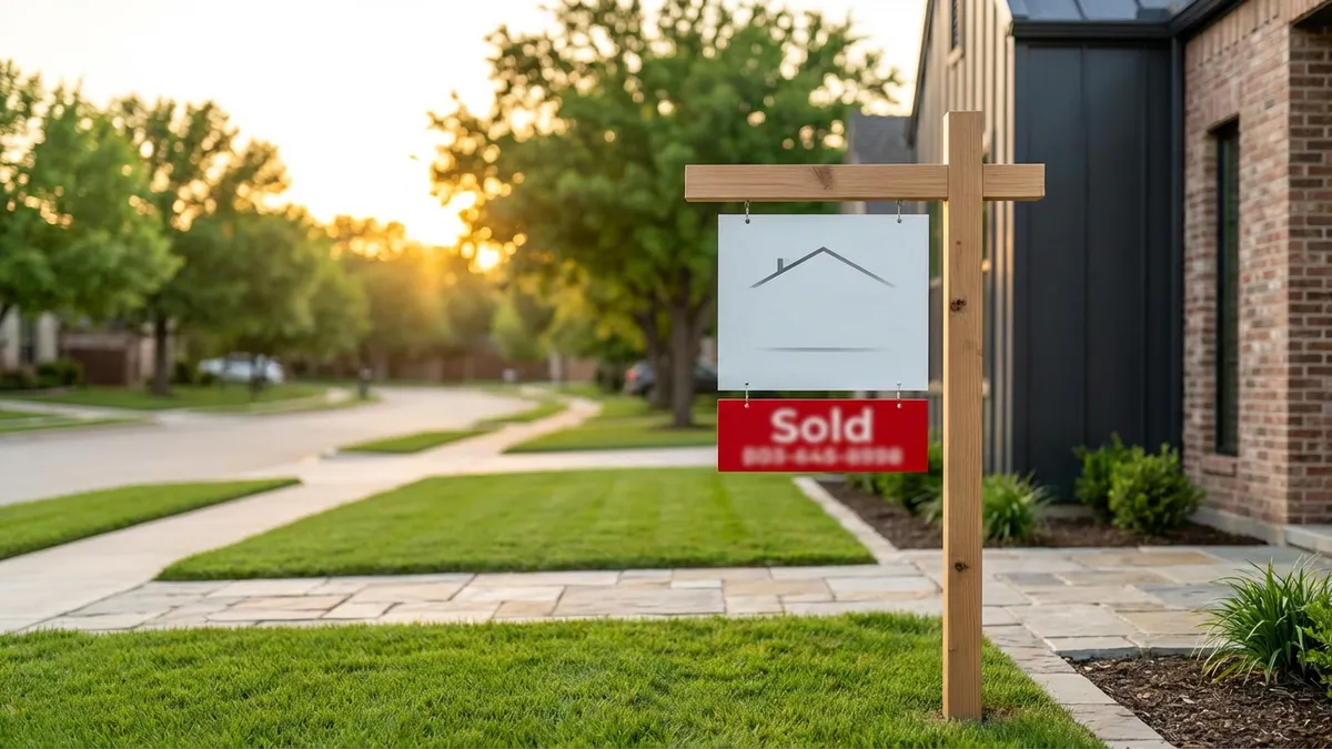 Close-up of a modern Allen, TX suburban home with a 'Sold' sign. Cinematic lighting, golden hour, 16:9, highly detailed 8k, bokeh background of blurred green trees and a quiet street. Warm, inviting atmosphere.
