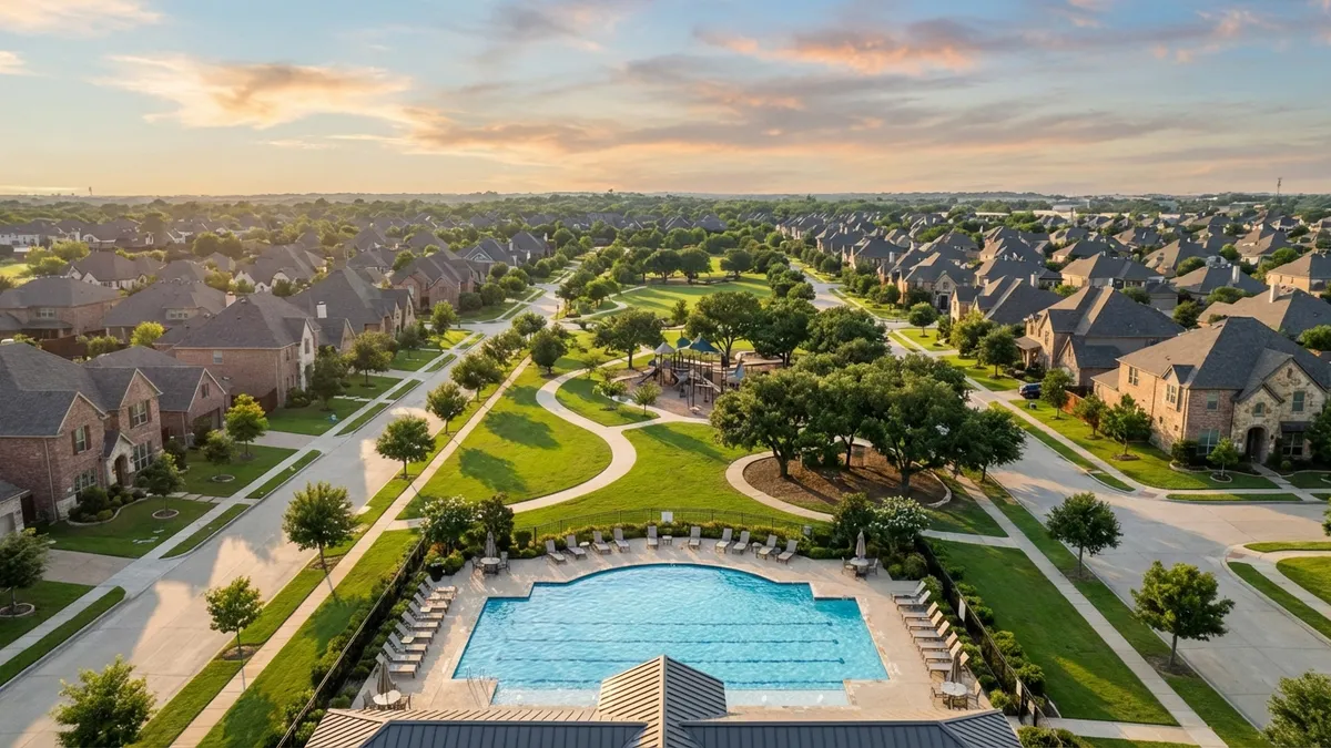 High-angle drone shot over a meticulously planned, family-friendly suburban neighborhood in Allen, Texas. Late afternoon golden hour lighting casts long shadows. Modern, well-maintained homes with brick and stone facades. Children playing in a community park with a large playground and green grass. A winding walking trail is visible, bordered by mature trees. A glistening community swimming pool is in the foreground. Blue skies with wispy clouds. Cinematic, 16:9, highly detailed 8k.
