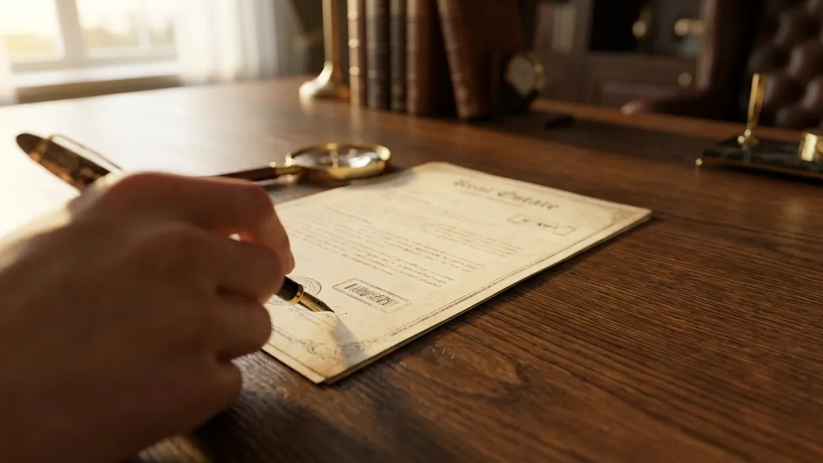Close up shot of a detailed property tax statement document on a polished oak desk. A blurred hand holds a pen pointing to a line item. Soft, natural light streams in from a window on the left. High angle view, shallow depth of field. Cinematic lighting, golden hour, 16:9, highly detailed 8k.