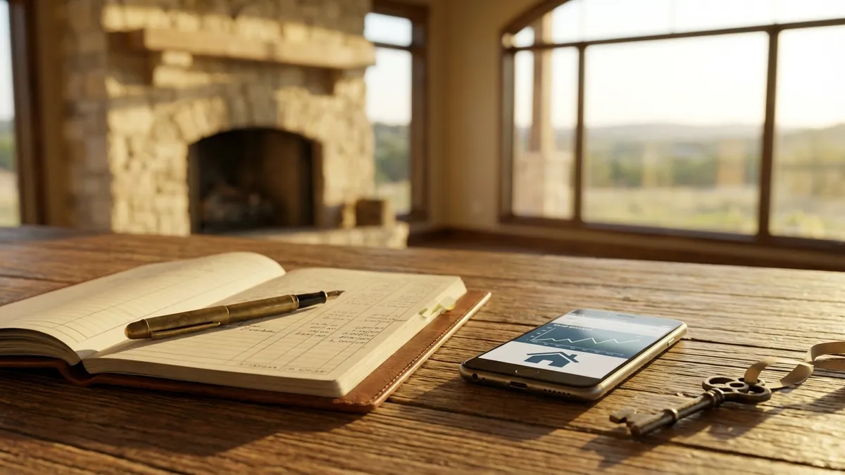 Close-up of a rustic wooden table with an open financial ledger or spreadsheet, a pen, a modern smartphone displaying a real estate app with graphs, and a small, delicate key resting near the ledger. Soft, natural light from a window, shallow depth of field, warm and inviting atmosphere. Cinematic lighting, golden hour, 16:9, highly detailed 8k.
