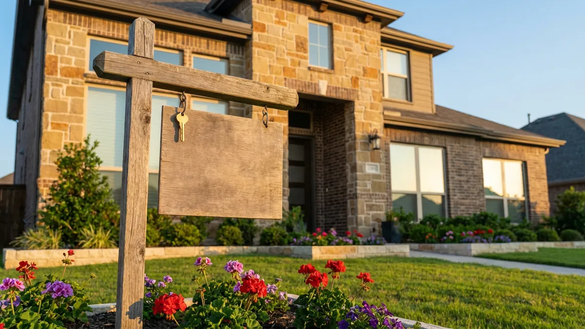 Close up shot of a 'Sold' sign with a key hanging from it, in front of a modern, two-story brick home in Allen, Texas. Lush green lawn, blooming spring flowers in a neat garden bed. Clear blue sky with soft, diffused sunlight. Cinematic lighting, golden hour, 16:9, highly detailed 8k.