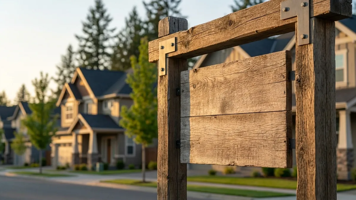 Close-up of a rustic wooden 'Welcome to Anna, TX' sign, set against a blurred background of a modern, family-friendly suburban neighborhood. Cinematic lighting, golden hour, 16:9, highly detailed 8k. Focus on natural textures of wood and metal, soft glow on the neighborhood. The sign should be slightly aged but well-maintained, suggesting established community with new growth around it.