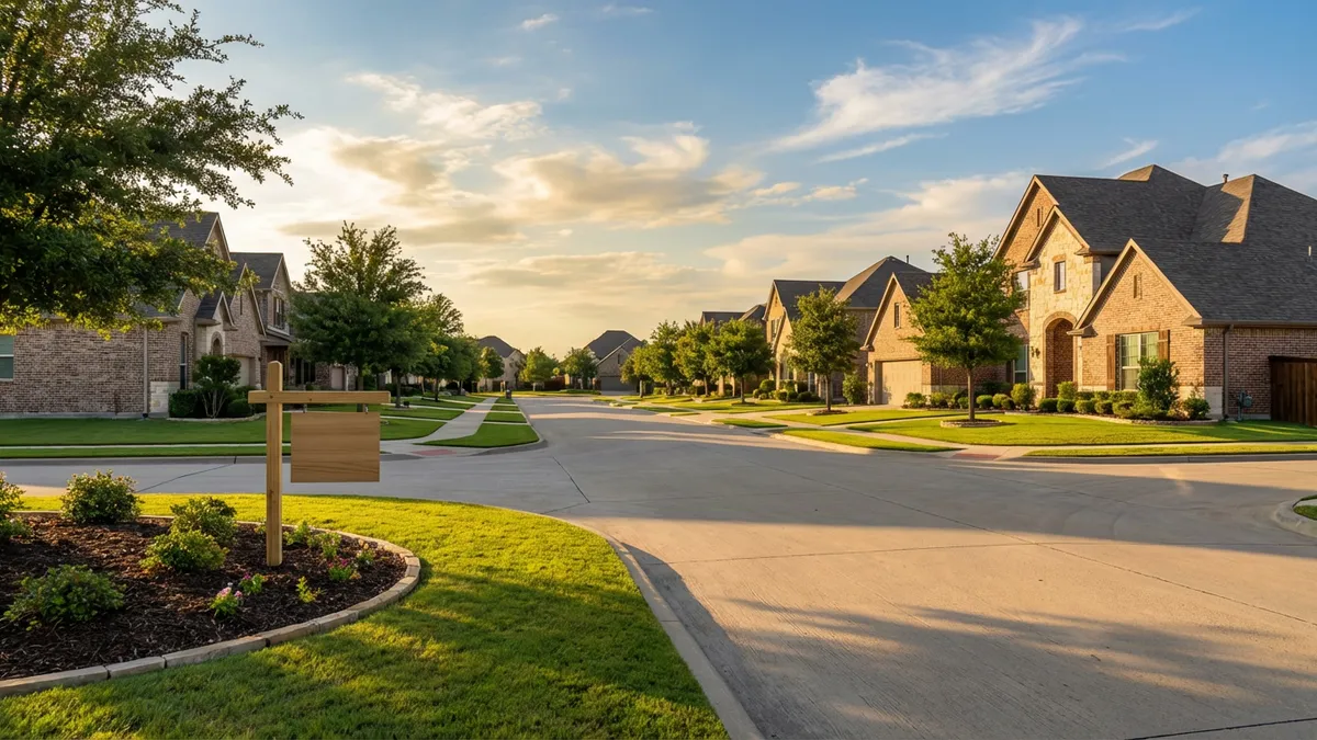 A pristine suburban street in Aubrey, Texas, bathed in the soft glow of a golden hour. Modern brick and stone homes with neatly maintained lawns line the street. A 'For Sale' sign subtly visible in the foreground. Blue skies with wispy clouds reflect in the windows. Cinematic lighting, golden hour, 16:9 aspect ratio, highly detailed 8k.