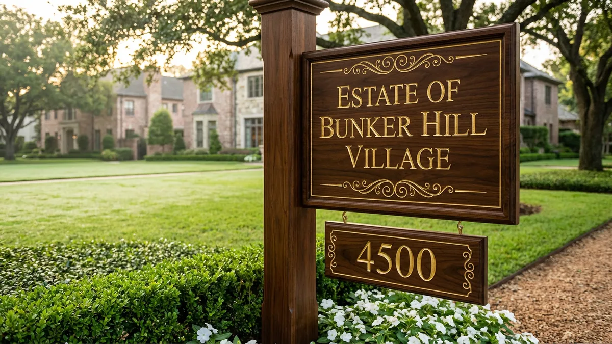 Close-up, high-angle view of a detailed, pristine, luxury estate signpost in Bunker Hill Village, Houston, Texas. The signpost is crafted from dark, polished wood with elegant, gold-plated lettering. A lush, well-manicured green lawn extends into the background, with the soft blur of stately brick and stone mansions partially visible. The scene is bathed in the warm, diffused glow of early morning sunlight, casting gentle, long shadows. Cinematic lighting, golden hour, 16:9, highly detailed 8k.