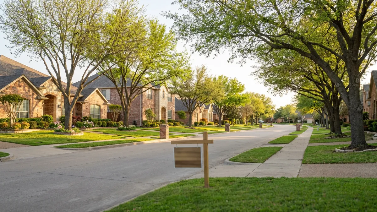 A wide-angle, low-angle shot of a suburban street in Burleson, Texas, under a clear spring sky. The scene features neatly manicured green lawns, mature deciduous trees with fresh green leaves, and a mix of single-story and two-story brick and stone homes with well-maintained exteriors. The sunlight is soft and bright, casting gentle shadows. A 'For Sale' sign is visible in the foreground, slightly blurred, indicating homes are on the market, but the focus is on the inviting street ambiance, with an emphasis on the quiet, family-friendly environment. Cinematic lighting, golden hour, 16:9, highly detailed 8k.