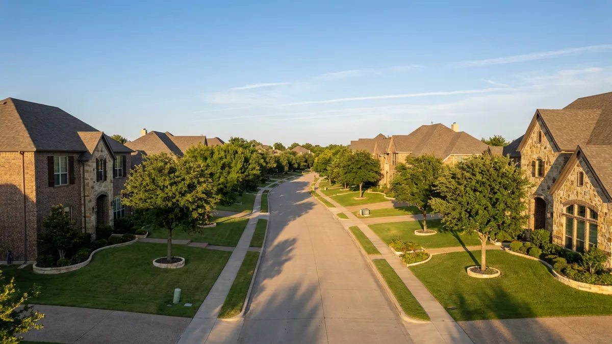 High-angle shot looking down a quiet, tree-lined street in Double Oak, TX, showcasing large, elegant brick and stone luxury homes with manicured lawns and mature oak trees. Soft, afternoon golden hour light, casting long shadows. Clear blue sky with a few wispy clouds. Cinematic lighting, 16:9 aspect ratio, highly detailed 8k photography.