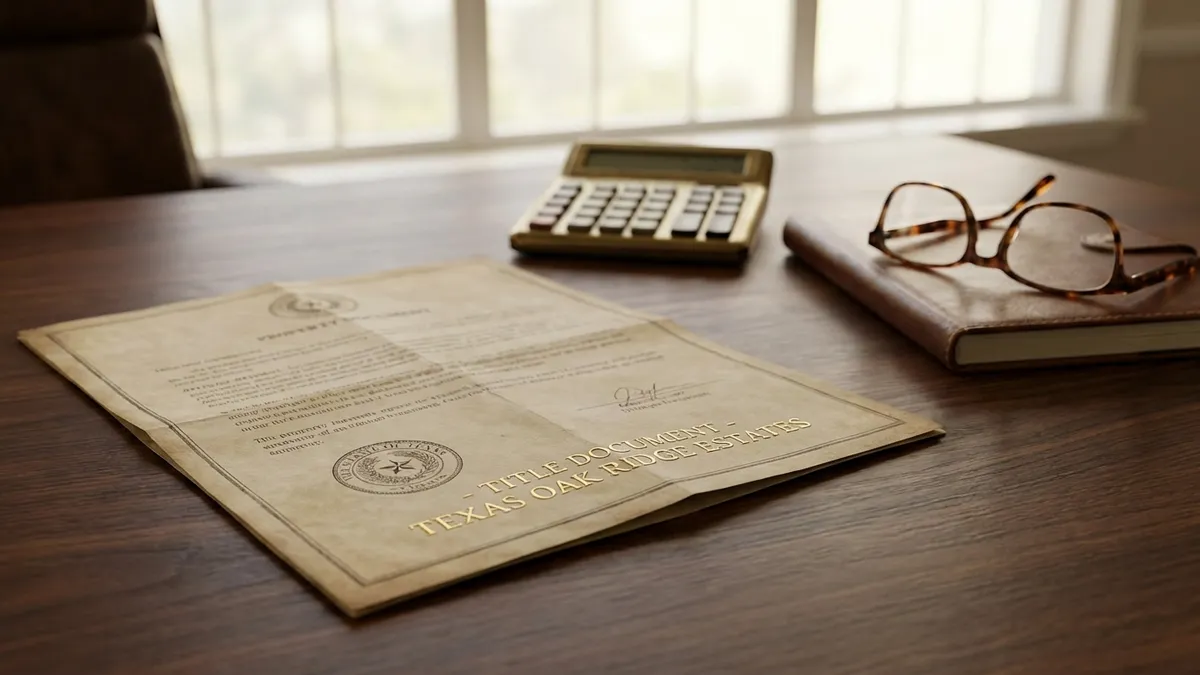 Close-up of a house deed or property tax statement on a polished wooden table, with a calculator and reading glasses nearby. Soft, diffused indoor lighting, shallow depth of field. Highly detailed professional photography, 8k, cinematic.