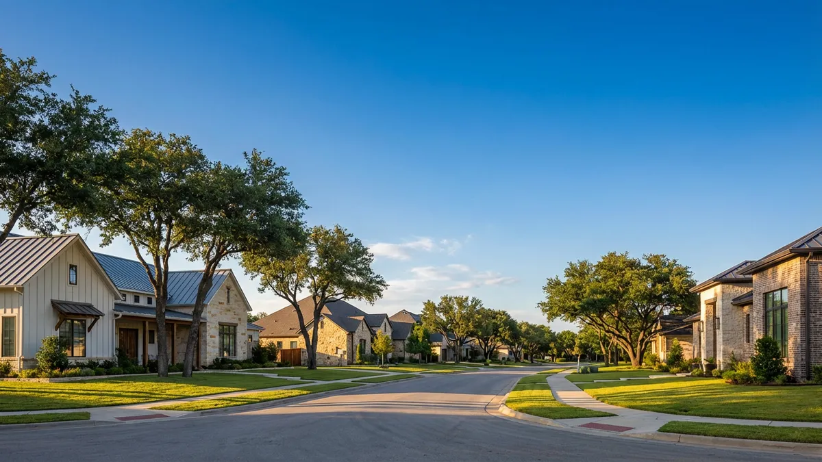 A wide shot capturing a modern, welcoming residential street in a suburban neighborhood. Lush green lawns, mature trees, and well-maintained single-family homes with diverse architectural styles under a clear blue sky. Cinematic lighting, golden hour, 16:9, highly detailed 8k.