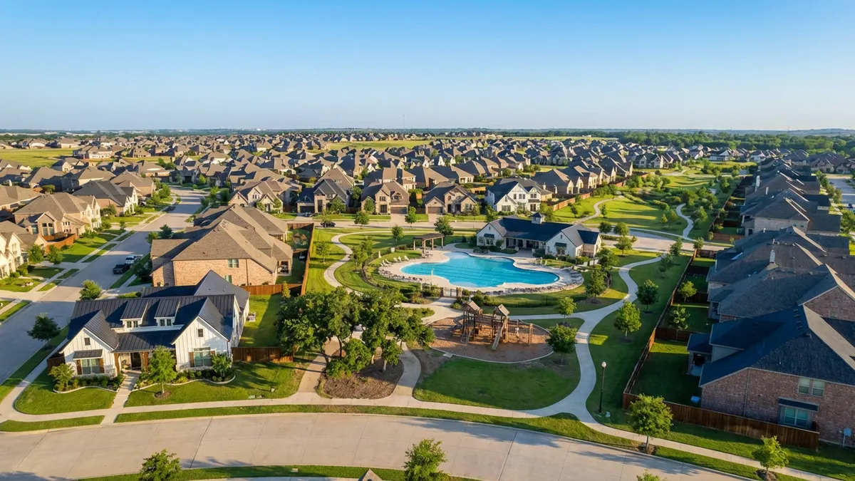 High-angle, aerial view of a meticulously designed master-planned community in Celina, Texas, under a clear azure sky. Rows of modern single-family homes with diverse architectural styles, neatly manicured lawns, and vibrant green spaces. Visible are community amenities like a sparkling blue swimming pool, a children's playground, and a long, winding walking trail bordered by mature trees. Cinematic lighting, soft morning glow, 16:9 aspect ratio, highly detailed 8k photography.