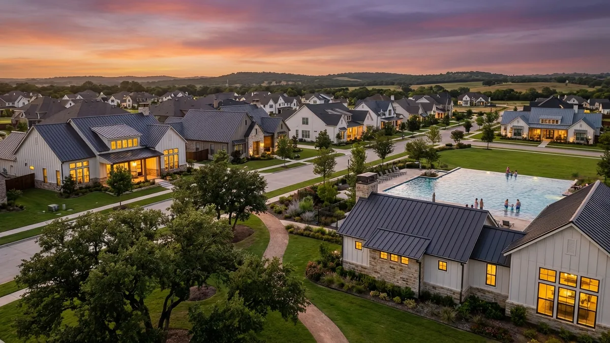 A wide, expansive view of a modern, family-friendly master-planned community in Celina, Texas, at magic hour. Lush green landscaping, mature trees, a sparkling community pool with distant families in the water (faces not visible), contemporary single-family homes with warm interior lights. Architectural style is clean, modern farmhouse. The sky is a gradient of soft oranges and purples. Cinematic lighting, golden hour, 16:9, highly detailed 8k.