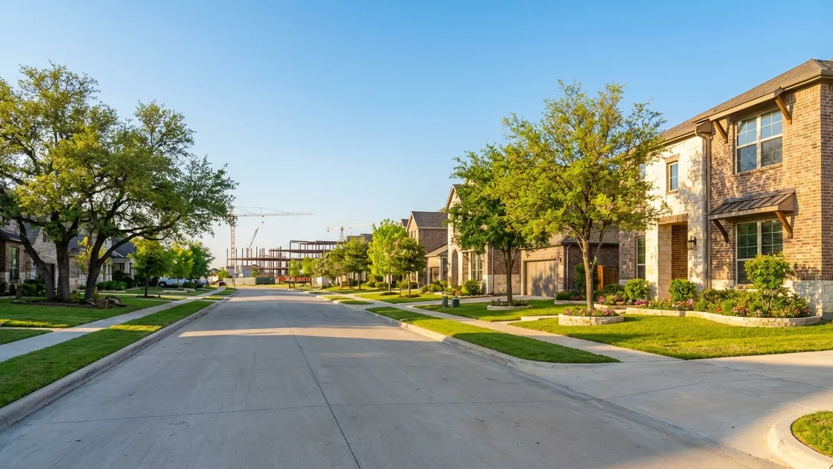 A wide-angle shot of a modern, well-maintained suburban street in Cibolo, Texas, with new construction homes in a master-planned community. Bright spring daylight, clear blue sky. Lush green lawns, mature trees beginning to bloom. In the background, visible signs of commercial development (cranes, new buildings) suggesting economic growth, but not dominating the frame. Cinematic lighting, golden hour, 16:9, highly detailed 8k.