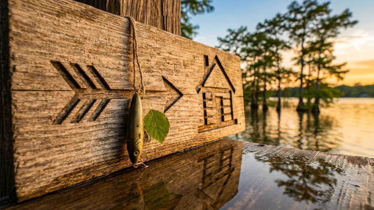 Close-up of a rustic wooden sign, weathered by the sun, indicating 'Lake House Rentals' with a subtle reflection of pine trees and blue sky. The sign is adorned with a fishing lure and a small, delicate, green leaf. A hint of calm lake water is visible in the soft-focus background. Cinematic lighting, golden hour, 16:9, highly detailed 8K.