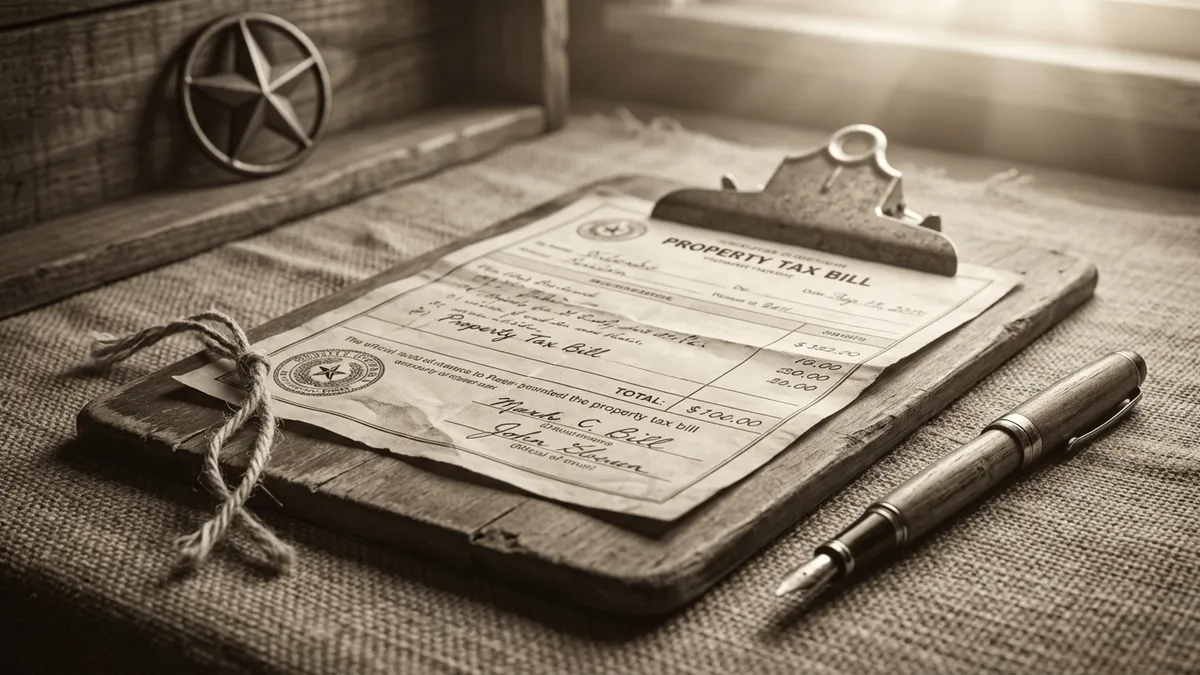 A vintage sepia-toned property tax bill on a weathered clipboard with a fountain pen resting on it. Soft, warm directional light from the top right. A small, stylized metallic 'Texas' star emblem visible in the background, out of focus. Highly detailed 8k, cinematic lighting, 16:9 aspect ratio.