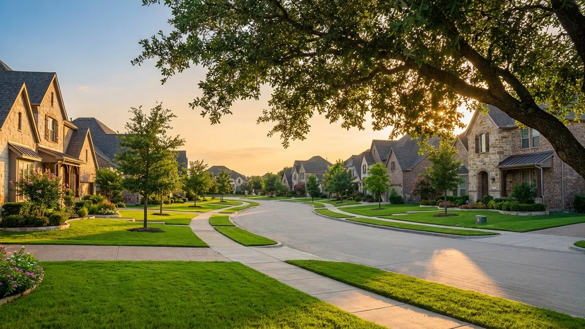 A wide-angle lens captures a quiet, upscale suburban street in Cross Roads, TX, lined with modern two-story homes with manicured lawns. A mature oak tree provides dappled shade on the sidewalk. Cinematic lighting, golden hour, 16:9, highly detailed 8k.